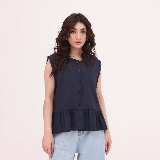 Navy Embroidered Peplum Top