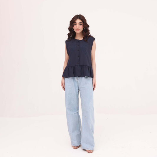 Navy Embroidered Peplum Top