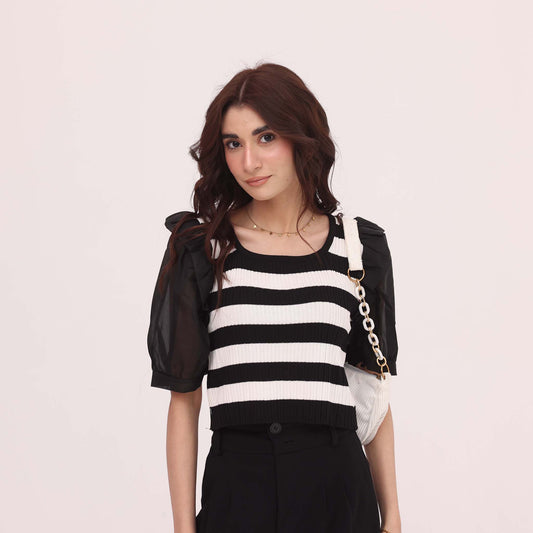 Noir Stripe Puff Sleeve Knit Top