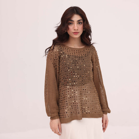 Mocha Sequin Open Knit Sweater