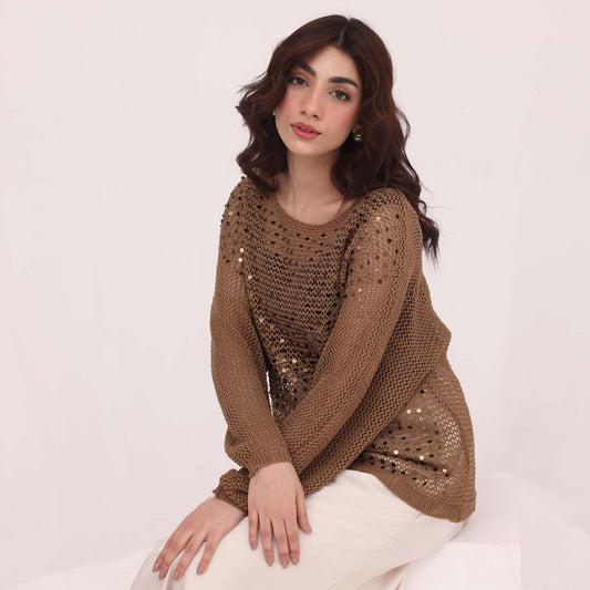 Mocha Sequin Open Knit Sweater
