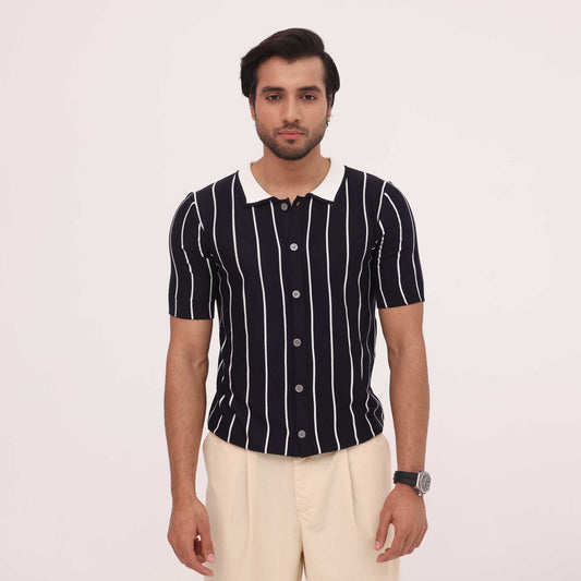 Noir Pinstripe Knit Button Shirt