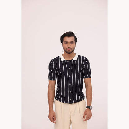 Noir Pinstripe Knit Button Shirt