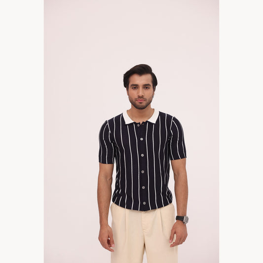 Noir Pinstripe Knit Button Shirt