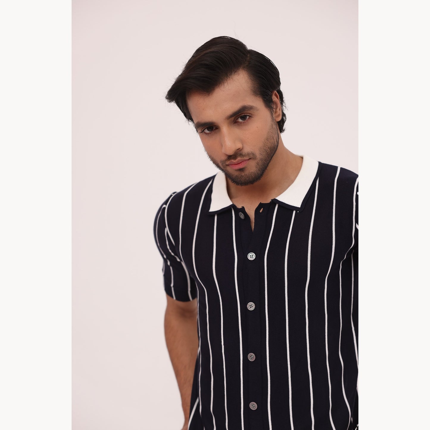 Noir Pinstripe Knit Button Shirt