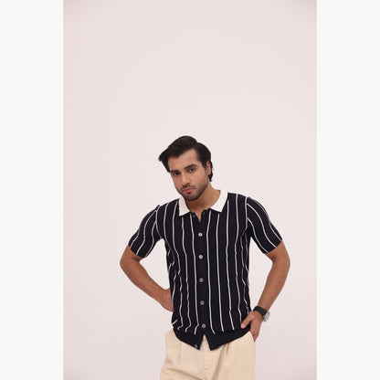 Noir Pinstripe Knit Button Shirt