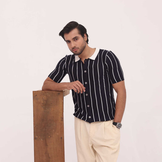 Noir Pinstripe Knit Button Shirt