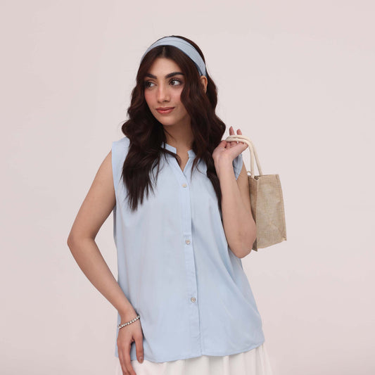 Sky Blue Sleeveless Shirt Top