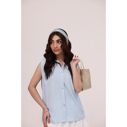 Sky Blue Sleeveless Shirt Top