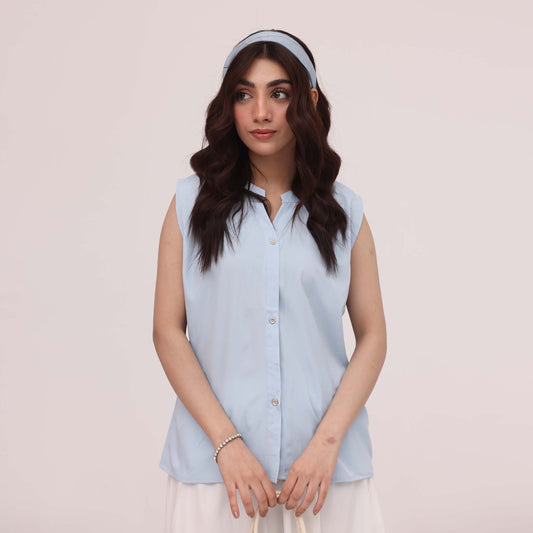 Sky Blue Sleeveless Shirt Top