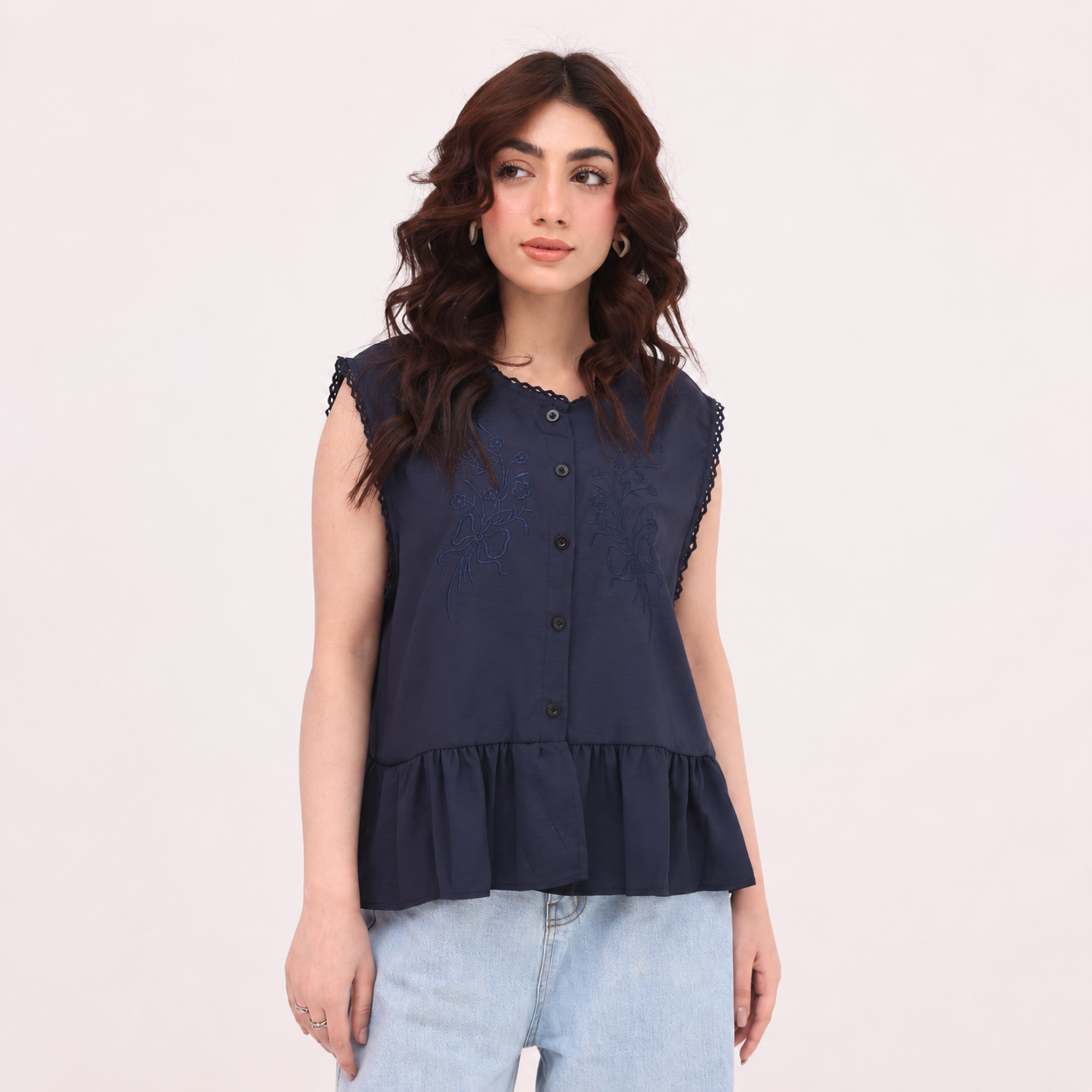 Navy Embroidered Peplum Top