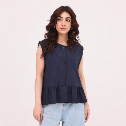 Navy Embroidered Peplum Top