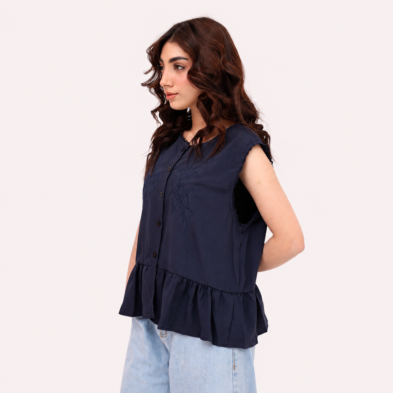 Navy Embroidered Peplum Top