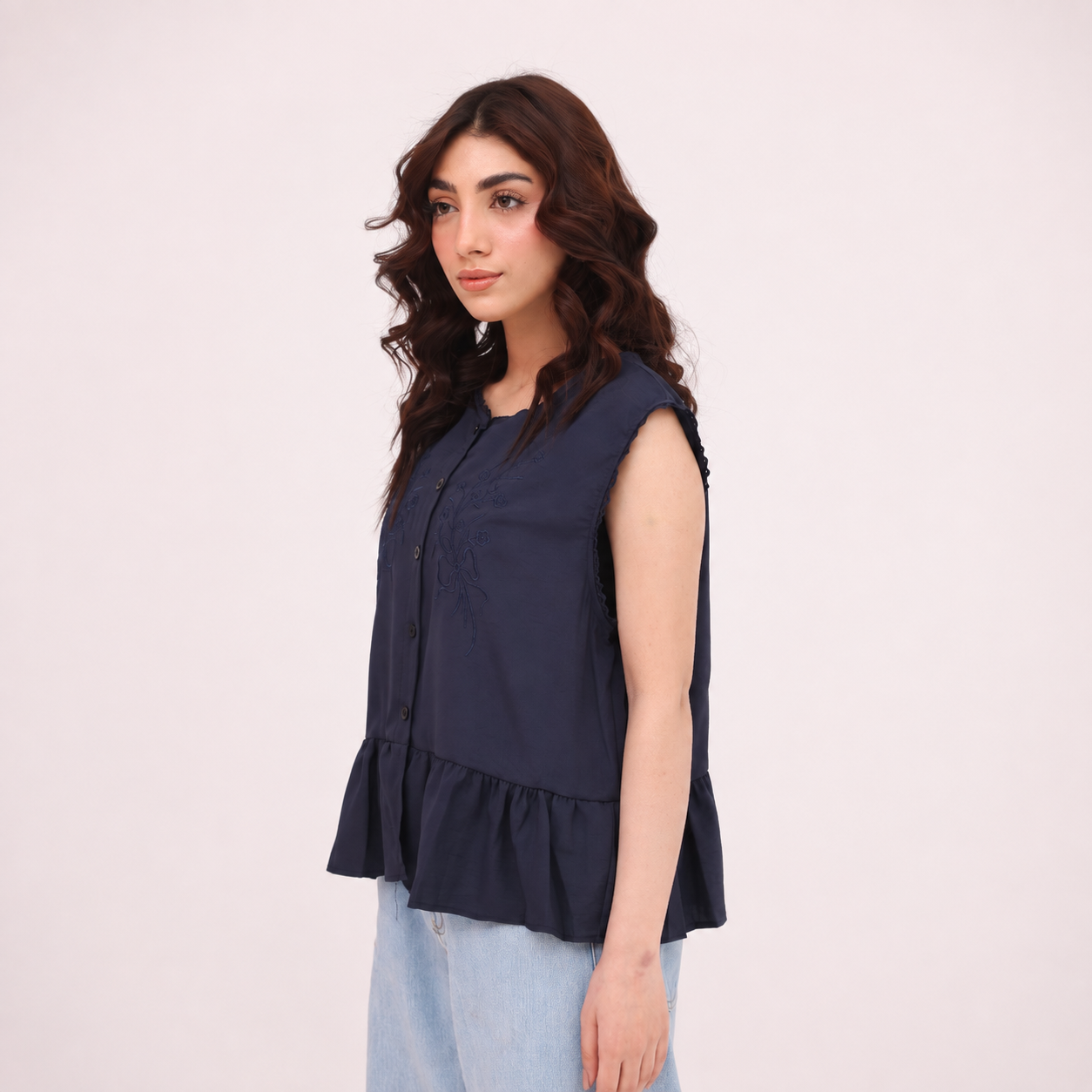 Navy Embroidered Peplum Top