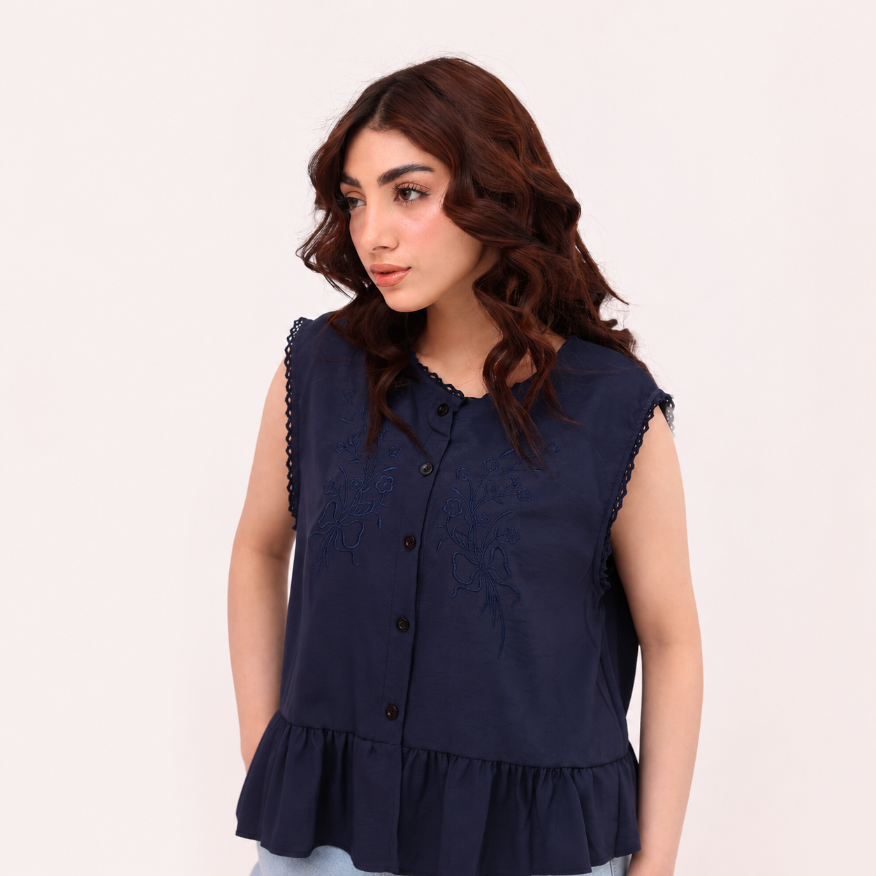 Navy Embroidered Peplum Top