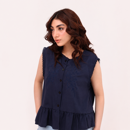 Navy Embroidered Peplum Top