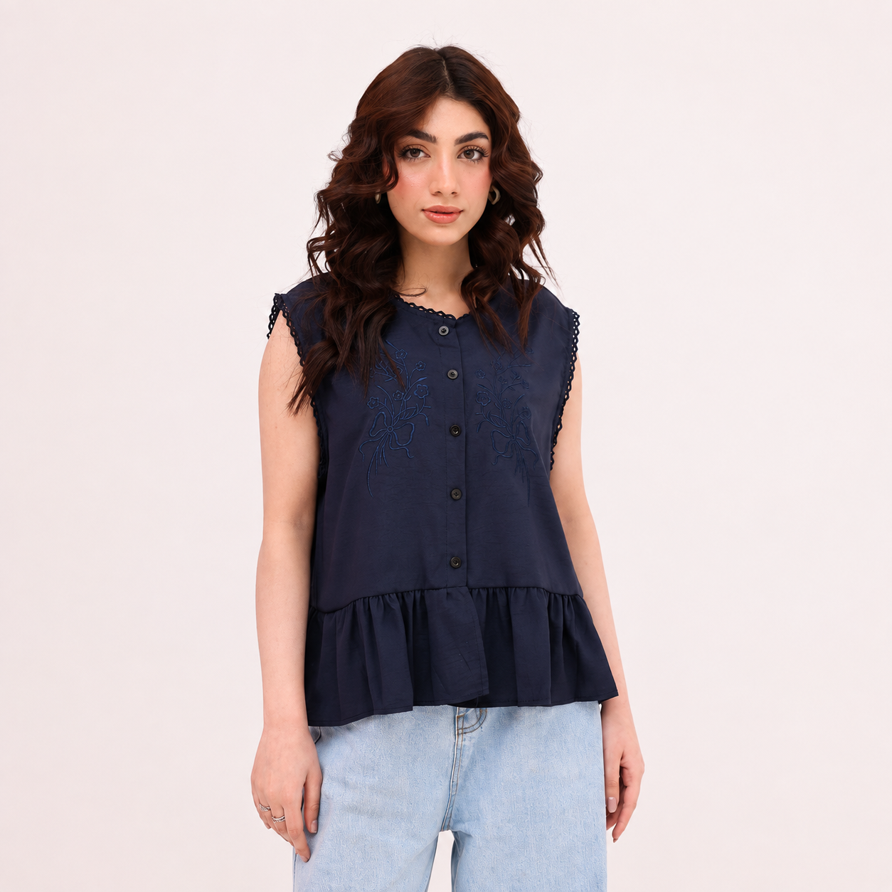 Navy Embroidered Peplum Top