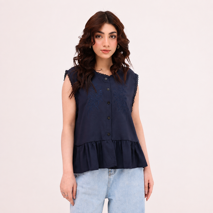 Navy Embroidered Peplum Top