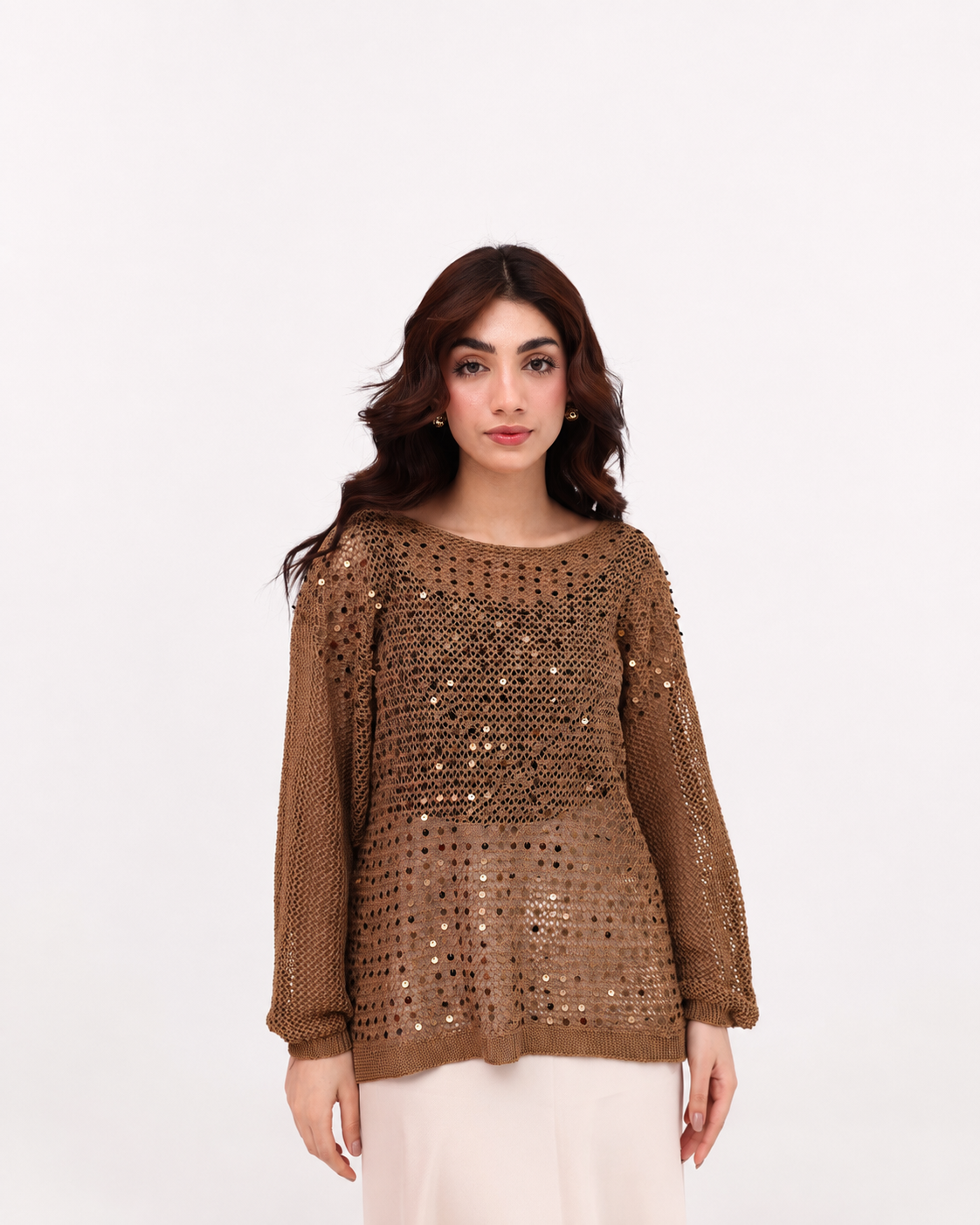Mocha Sequin Open Knit Sweater