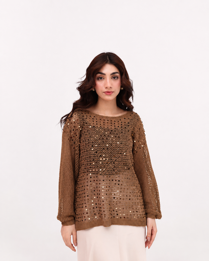 Mocha Sequin Open Knit Sweater
