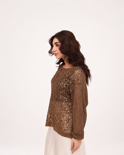 Mocha Sequin Open Knit Sweater