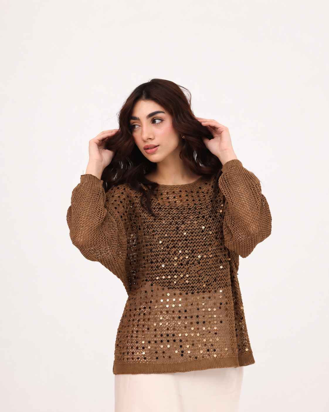 Mocha Sequin Open Knit Sweater