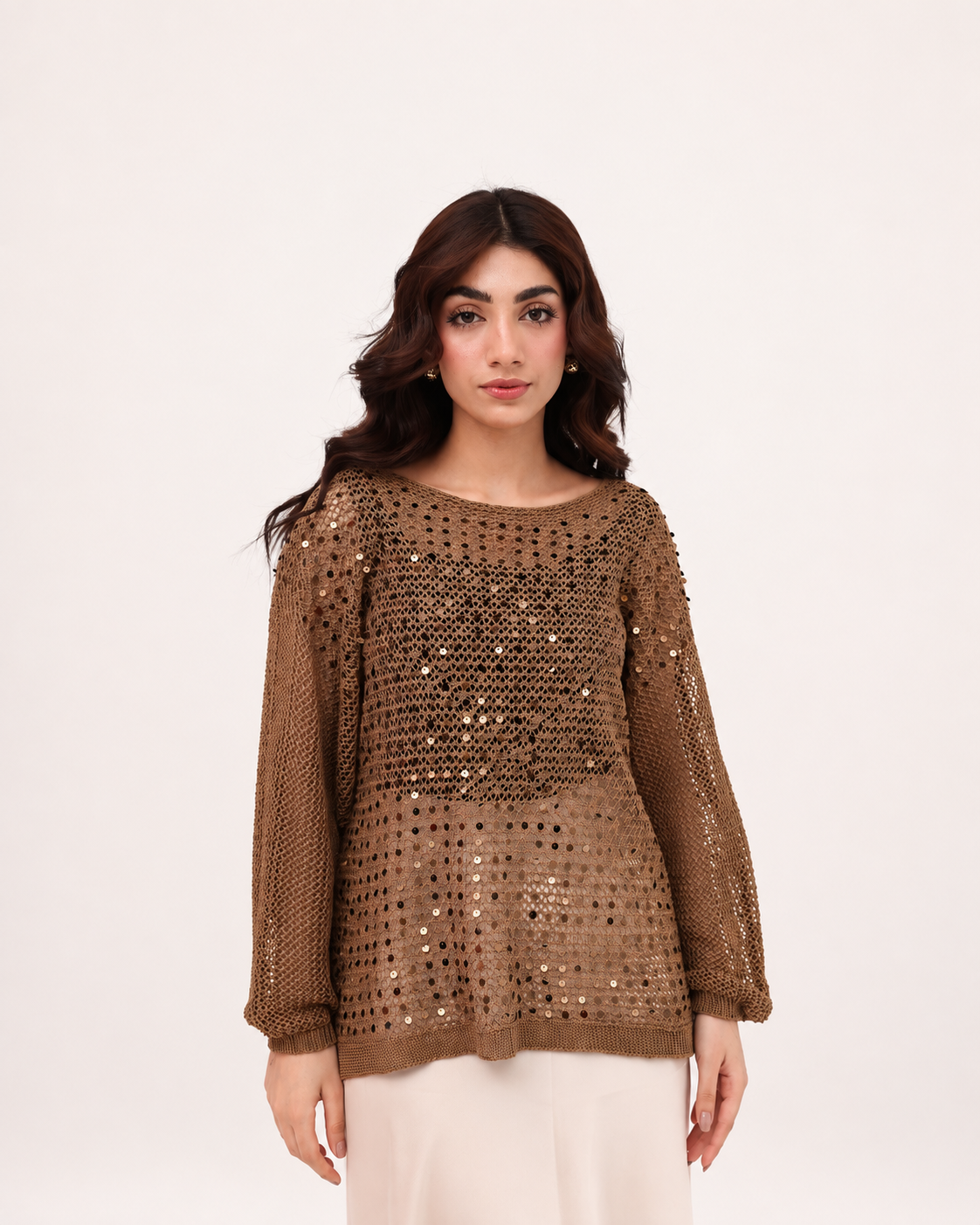 Mocha Sequin Open Knit Sweater
