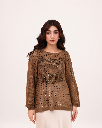 Mocha Sequin Open Knit Sweater