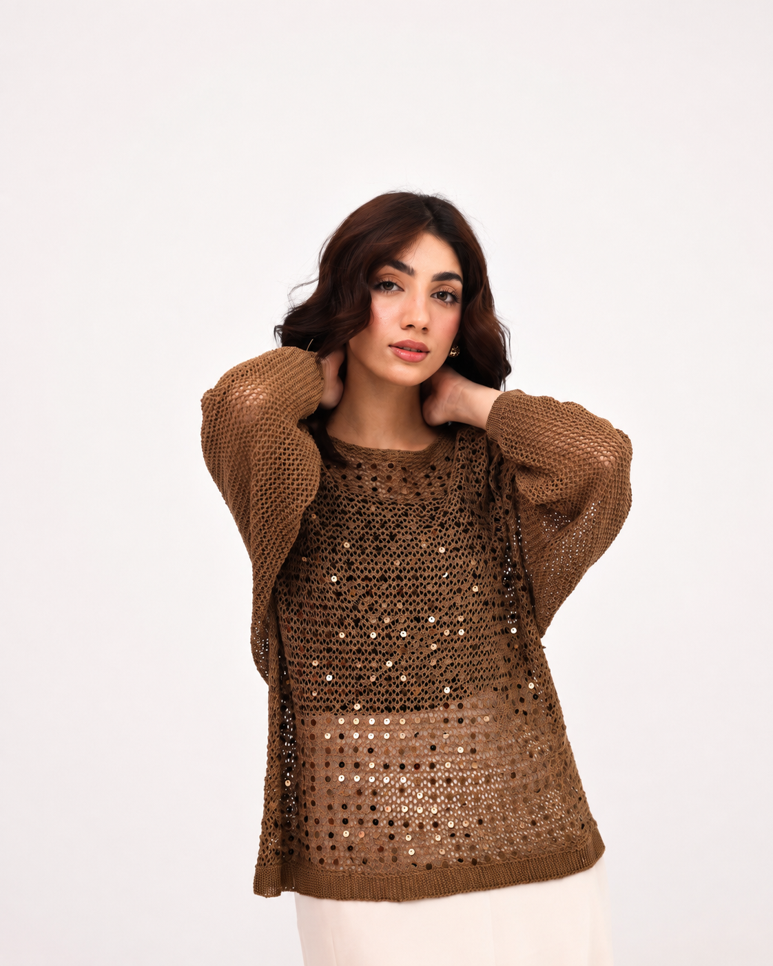 Mocha Sequin Open Knit Sweater