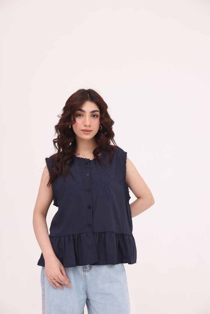 Navy Embroidered Peplum Top