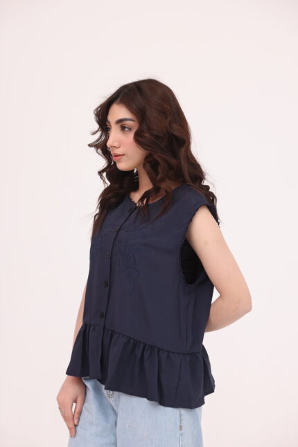 Navy Embroidered Peplum Top