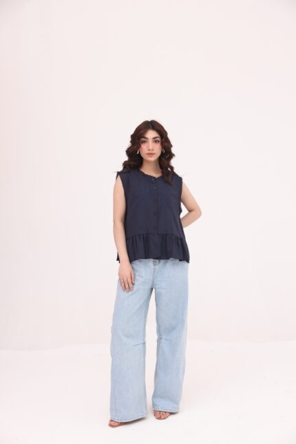 Navy Embroidered Peplum Top