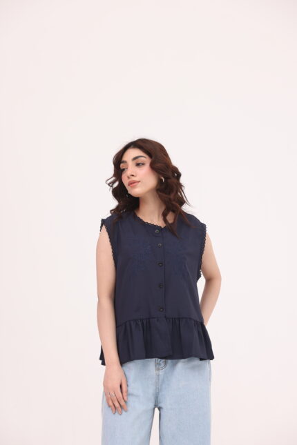 Navy Embroidered Peplum Top