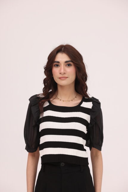 Noir Stripe Puff Sleeve Knit Top