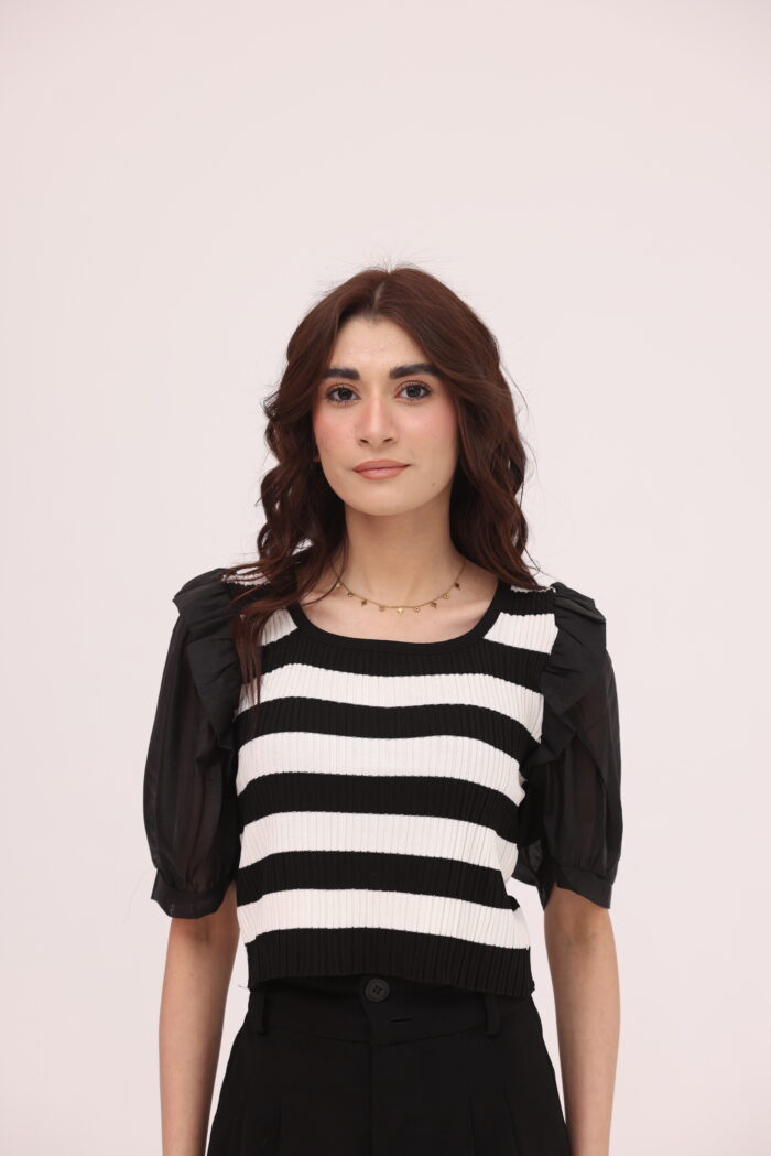 Noir Stripe Puff Sleeve Knit Top