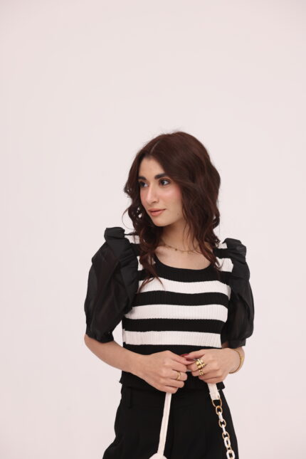 Noir Stripe Puff Sleeve Knit Top