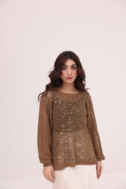 Mocha Sequin Open Knit Sweater