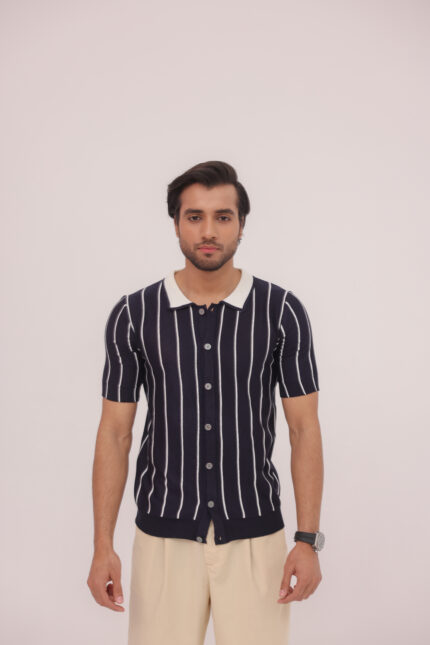 Noir Pinstripe Knit Button Shirt