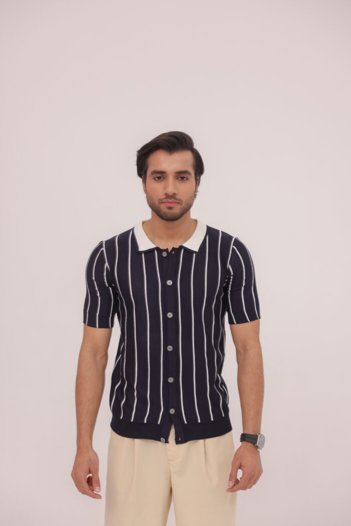 Noir Pinstripe Knit Button Shirt