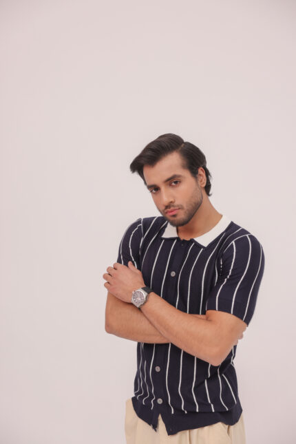 Noir Pinstripe Knit Button Shirt