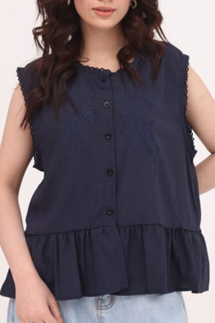 Navy Embroidered Peplum Top