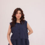 Navy Embroidered Peplum Top (Soft Crepe)