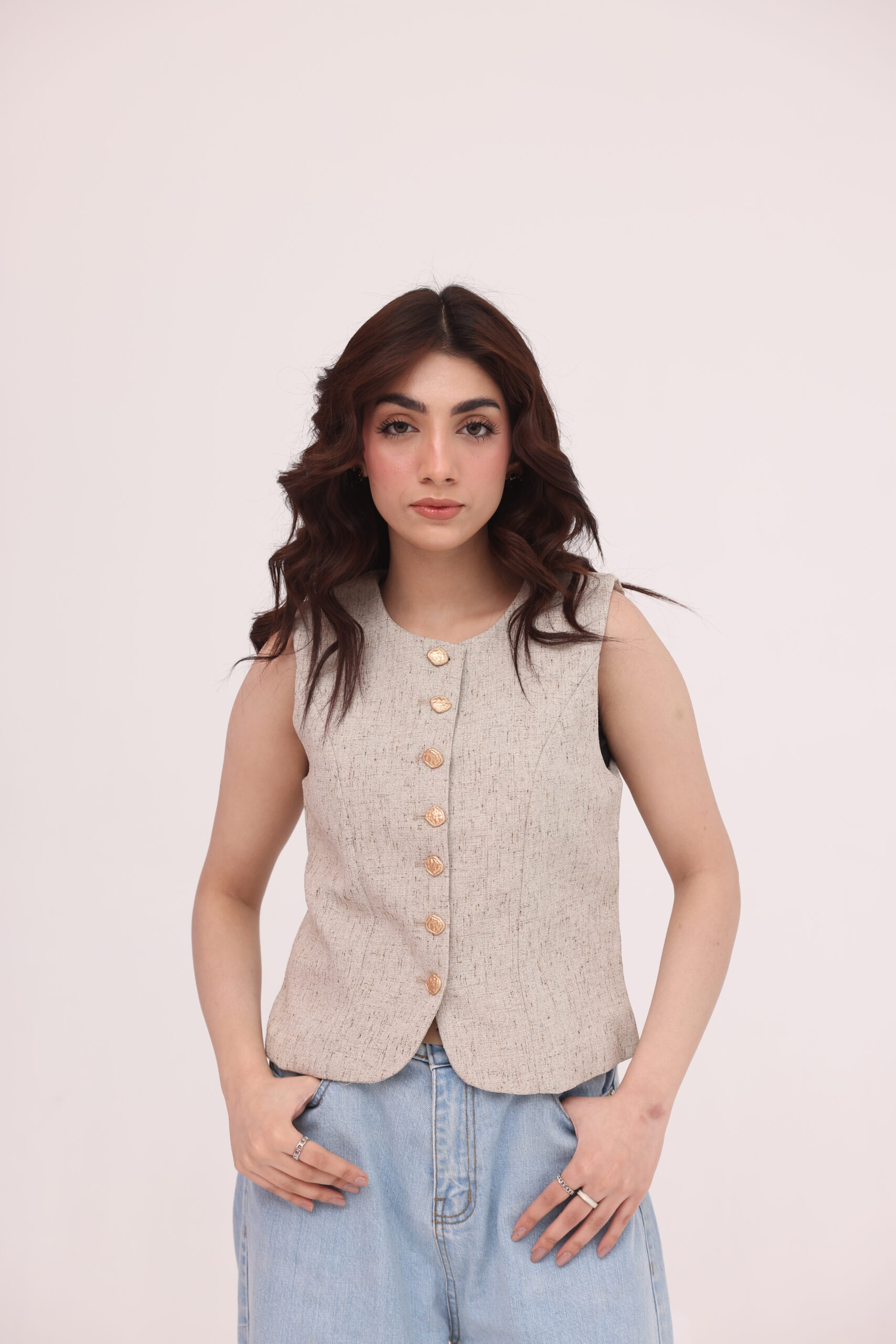 011A6562 Sandstone Structured Button Vest - Image 1